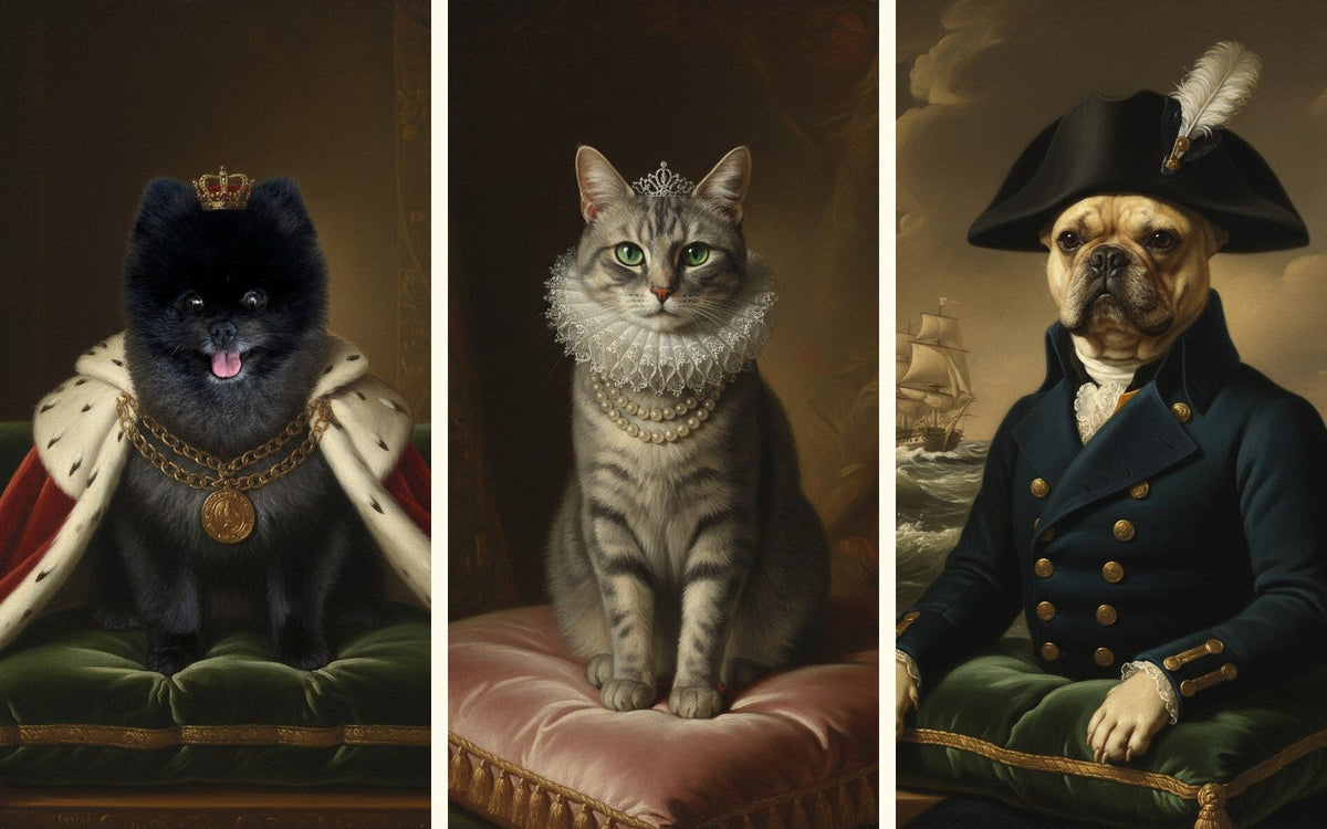 Pet portraits as king, queen and admiral