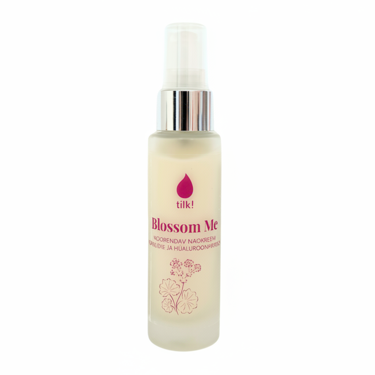 Skincare bottle labeled 'Blossom Me' with a decorative emblem on a white background