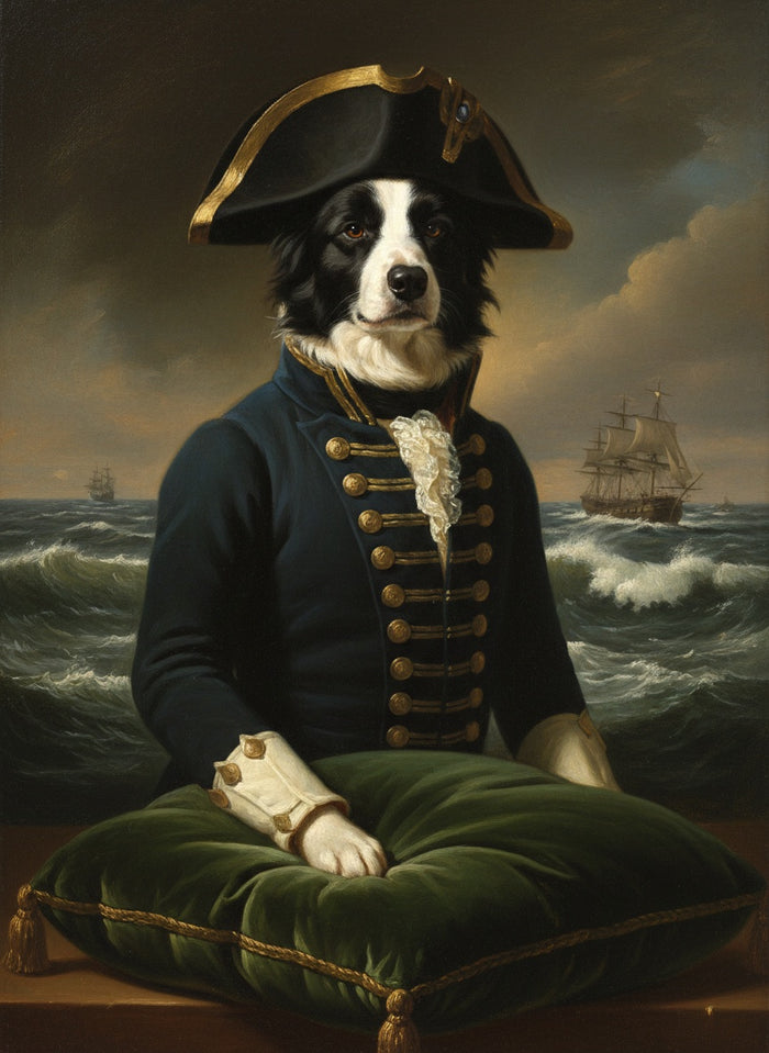 Border Collie als Admiral mit Segelschiff gemalt