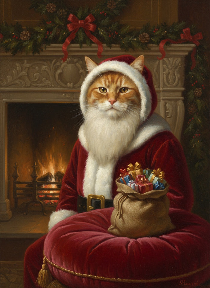 Ginger cat painted as Father Christmas by the fireplace