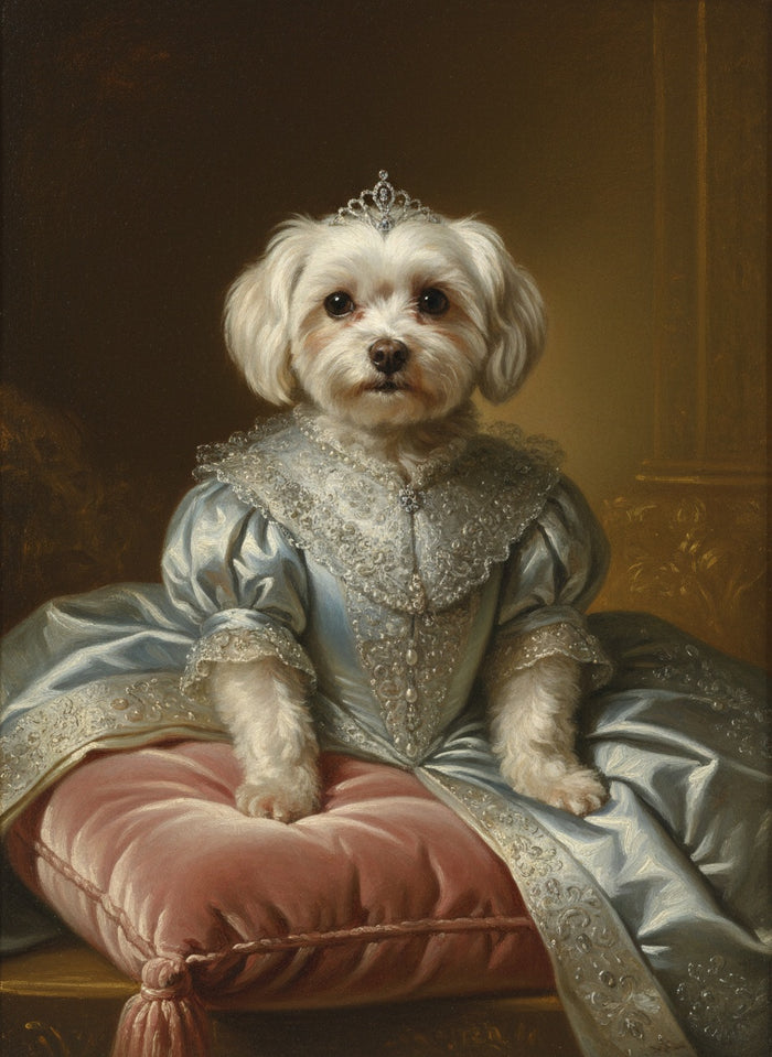 Maltese dog painted as a queen in a silk gown