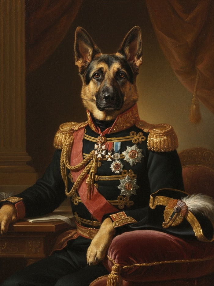 Deutscher Schäferhund als General in Uniform gemalt
