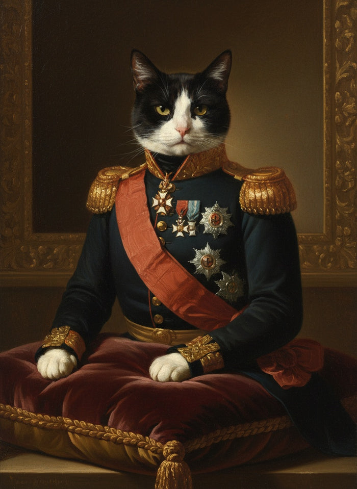 Schwarz-weiße Katze als General in Uniform gemalt