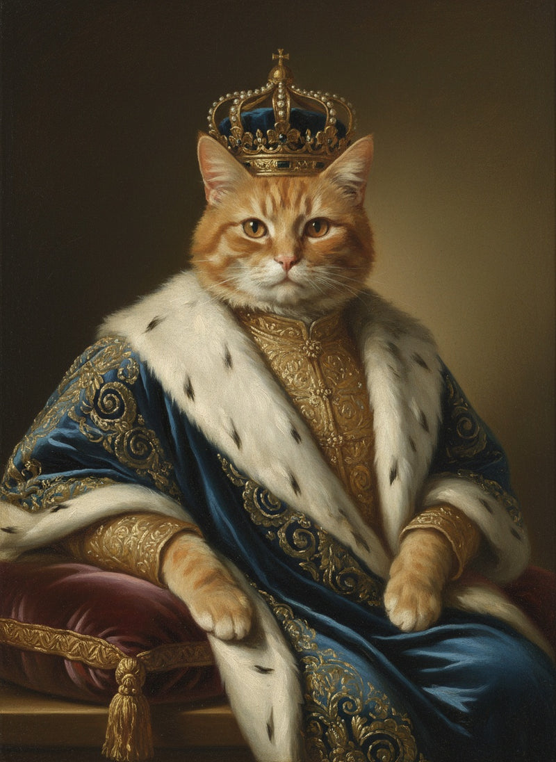 Rode kat als koning in de stijl van de oude meesters – voorbeeld van een kattenportret