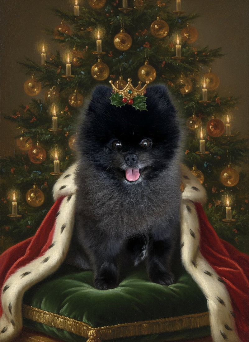 Pomeranian as the Christmas King – pet portrait in the style of the old masters