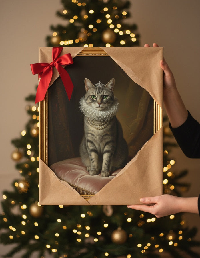 Cat queen portrait being unwrapped as a Christmas present