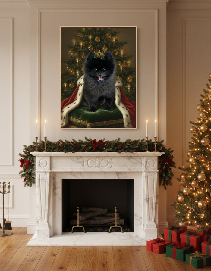 Canvas pet portrait of a Pomeranian as the Christmas King above a fireplace with a Christmas tree
