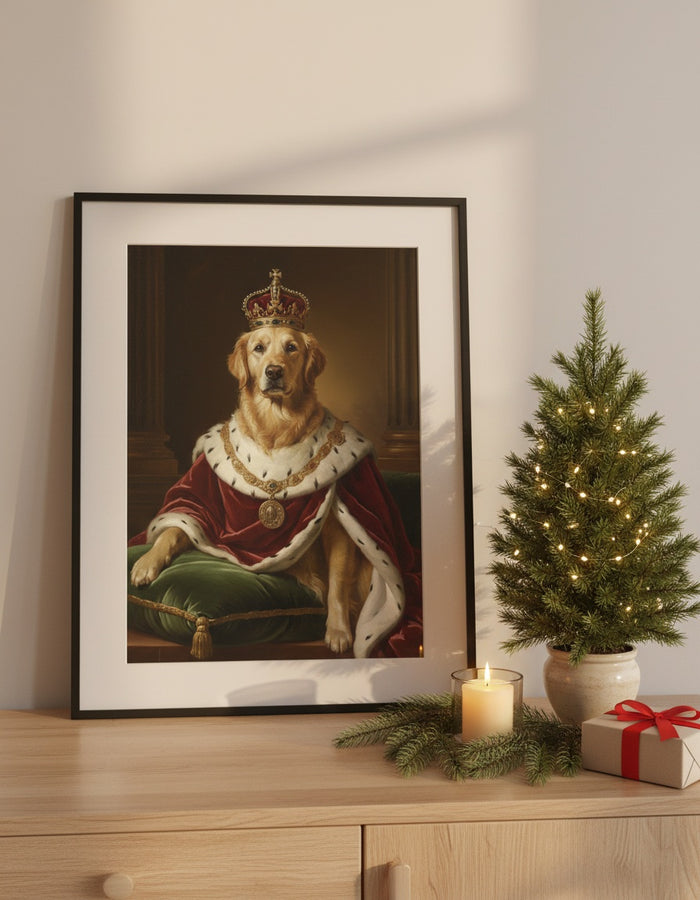 Golden Retriever king portrait as a framed poster next to a small Christmas tree